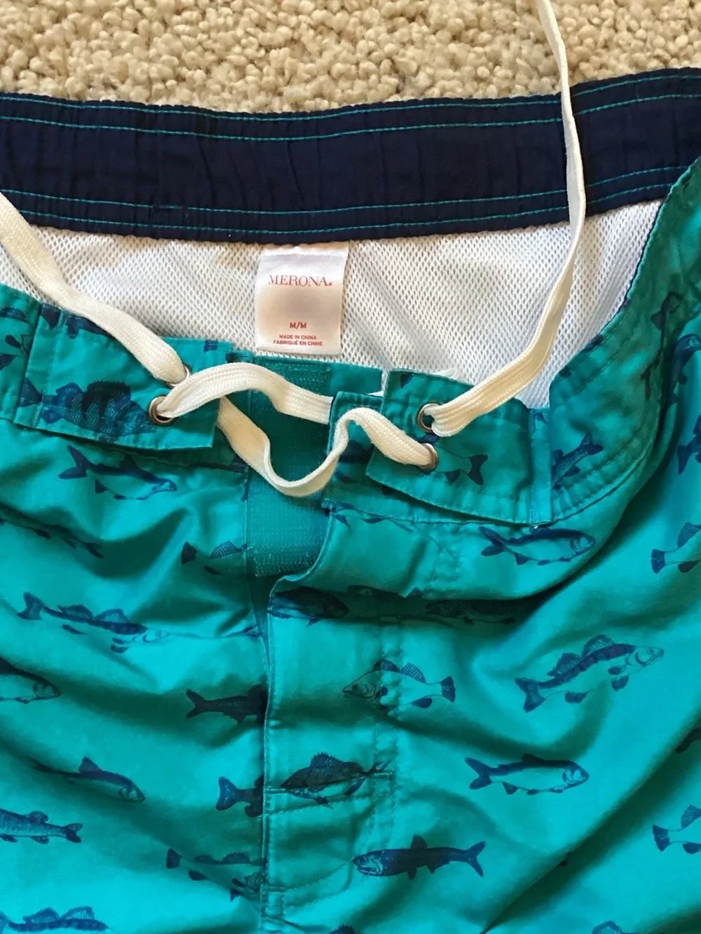 Merona Teal Swim Trunks with Navy Shark Print